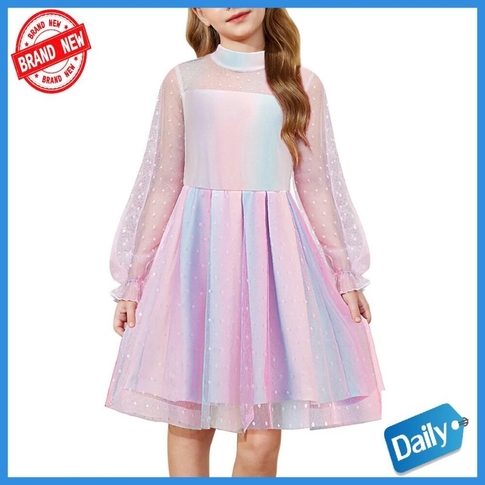 Girls Formal Party Dress Long Sleeve Tulle A-Line Mock Neck